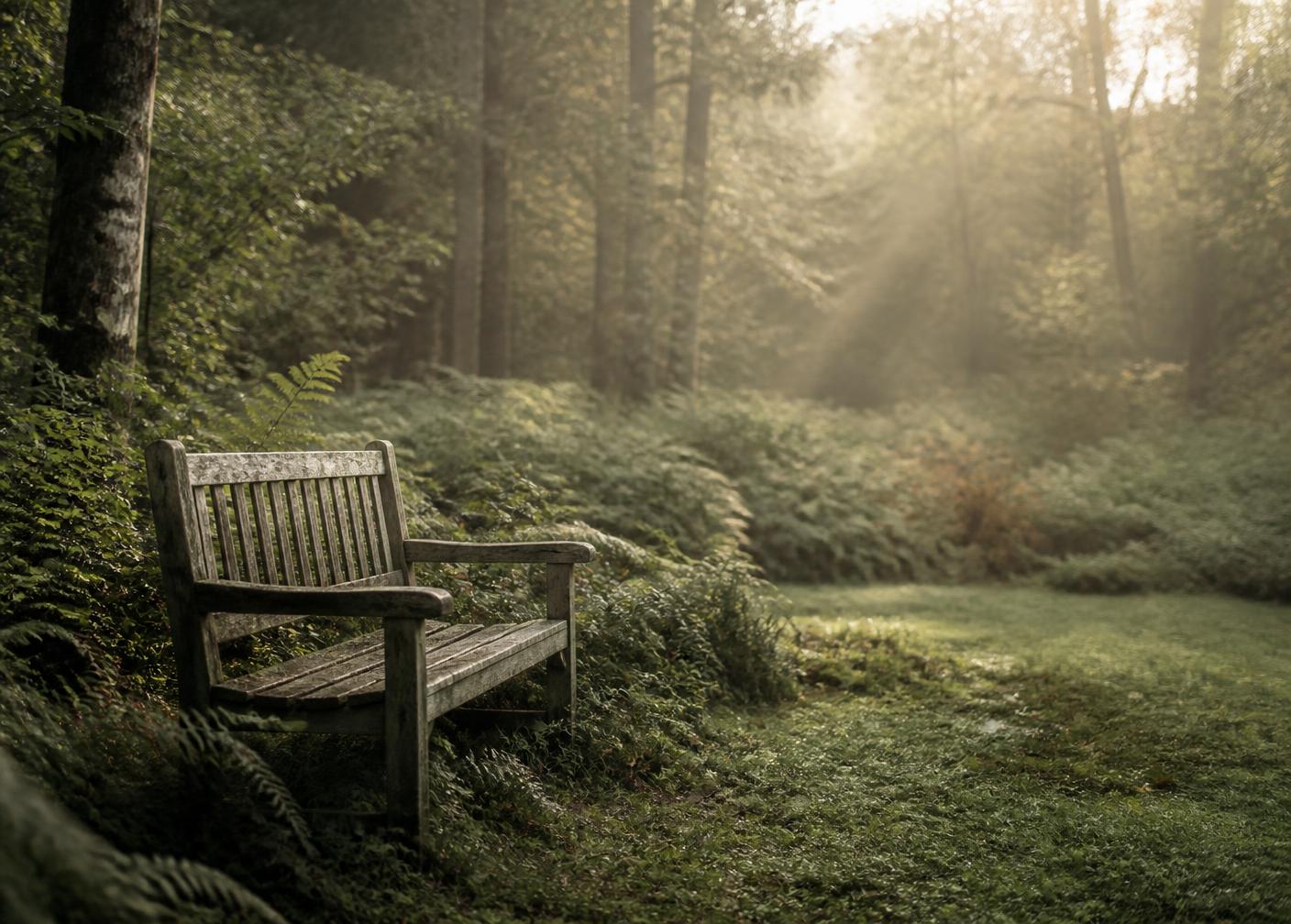 A weathered wooden bench in a quiet forest clearing
