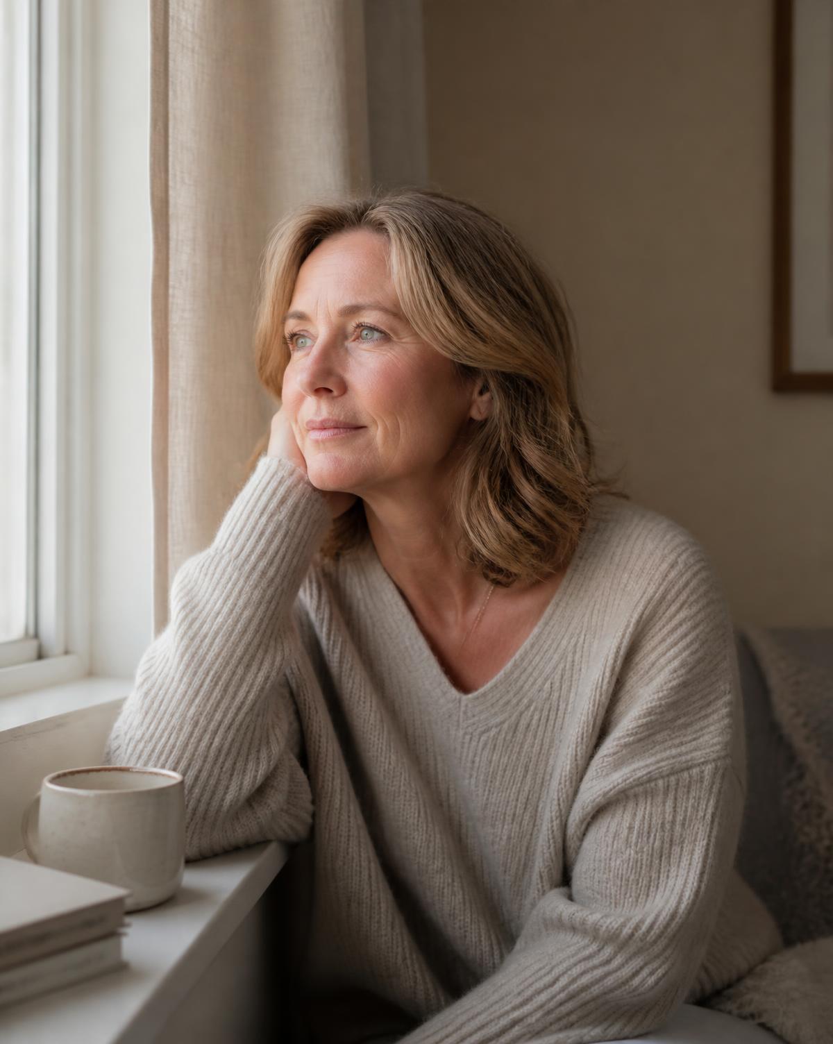 Tammie, founder of Peacefully Stronger, sitting near a window in soft light